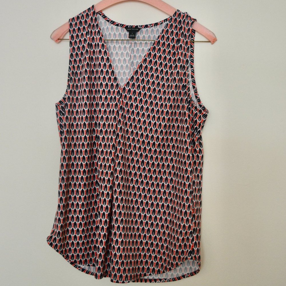 Chic Ann Taylor Red V-neck Tank Top with Black Leaf Pattern
